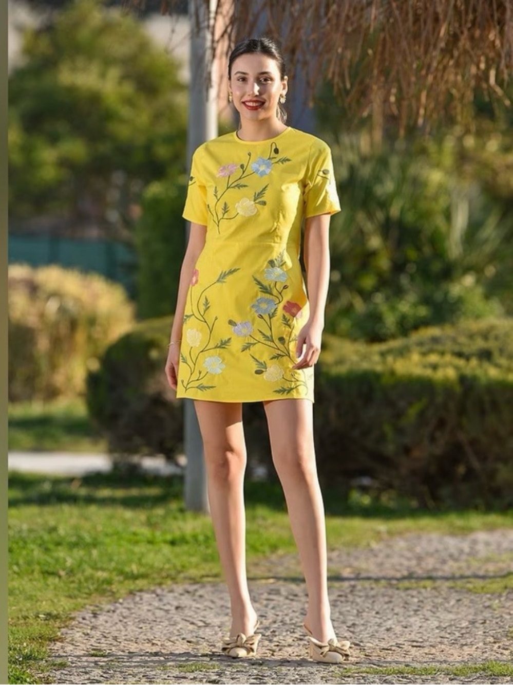 NWT Fanm Mon Joe Floral Embroidered Crew Neck Short Sleeve Mini Dress Sz M